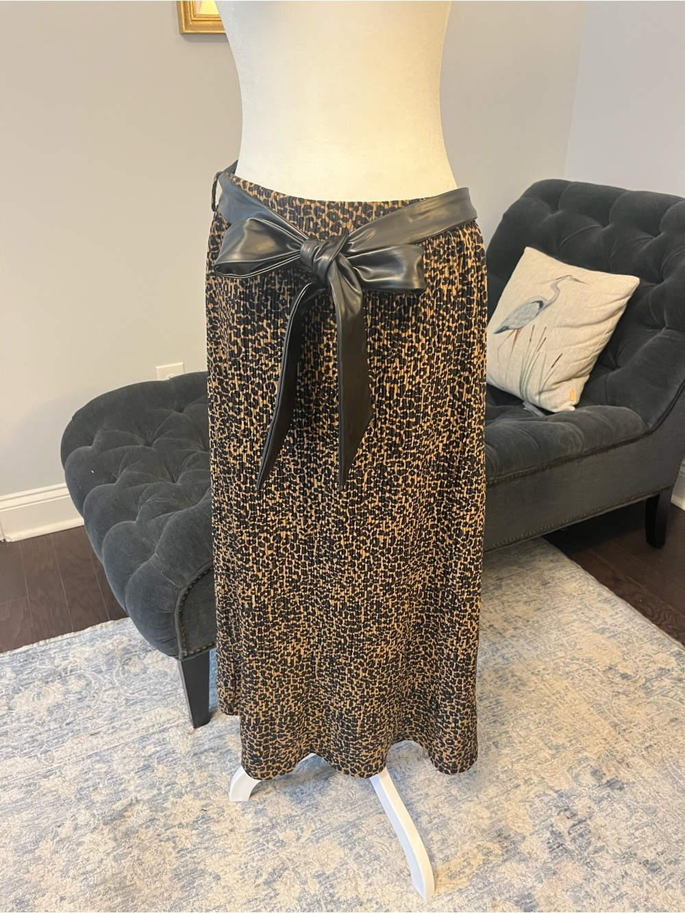 Animal-Print Midi Skirt with Faux Leather Waist Tie